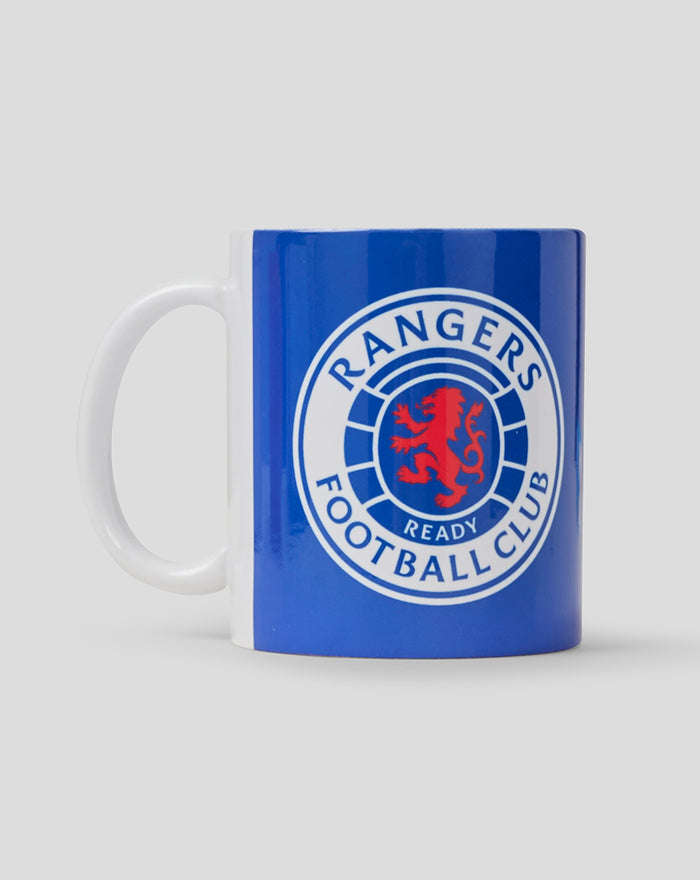 Blue Rangers Football Club mug with circular crest on blue body and white handle.