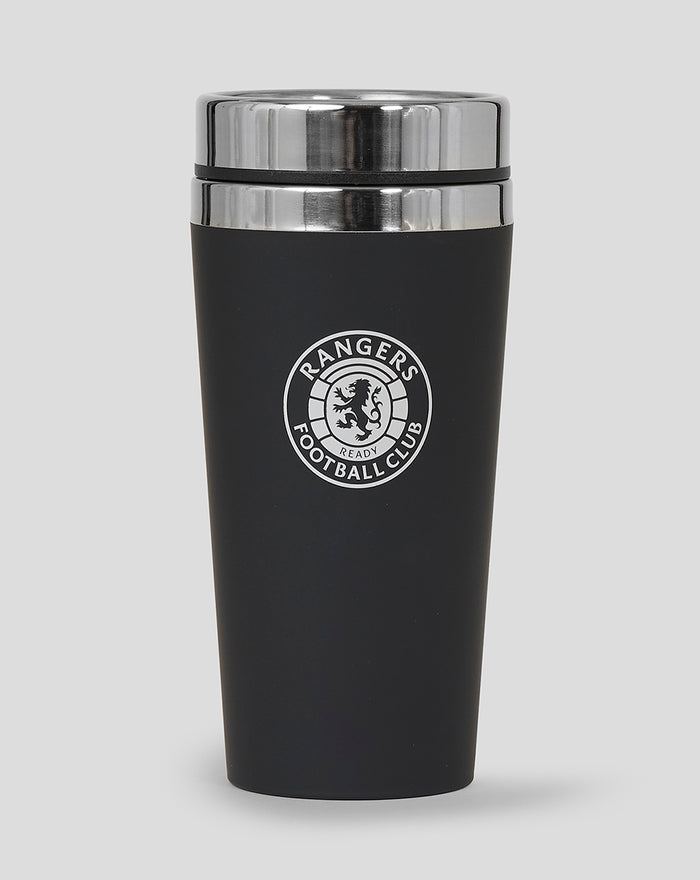 Stainless steel travel mug with black matte finish and Rangers Football Club crest