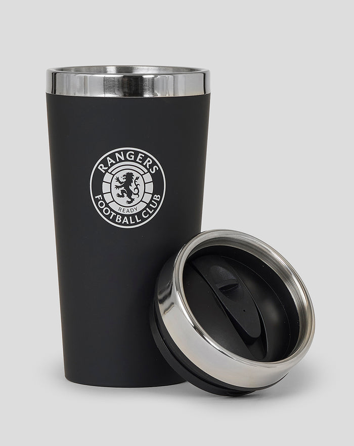 Stainless steel travel mug with matte black body and Rangers crest, lid removed beside it
