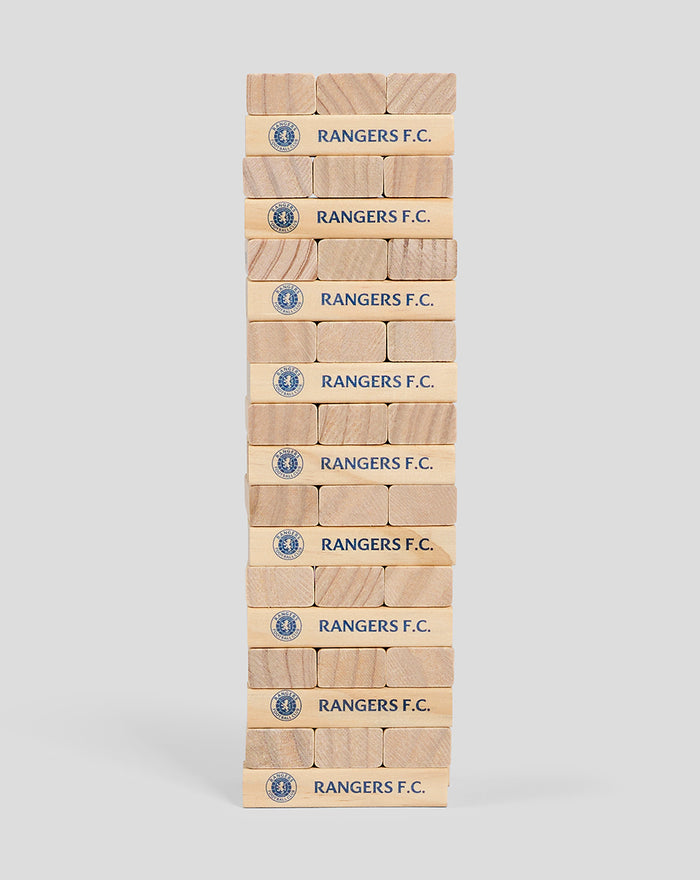 Tower of natural wood tumble blocks stamped with Rangers F.C.