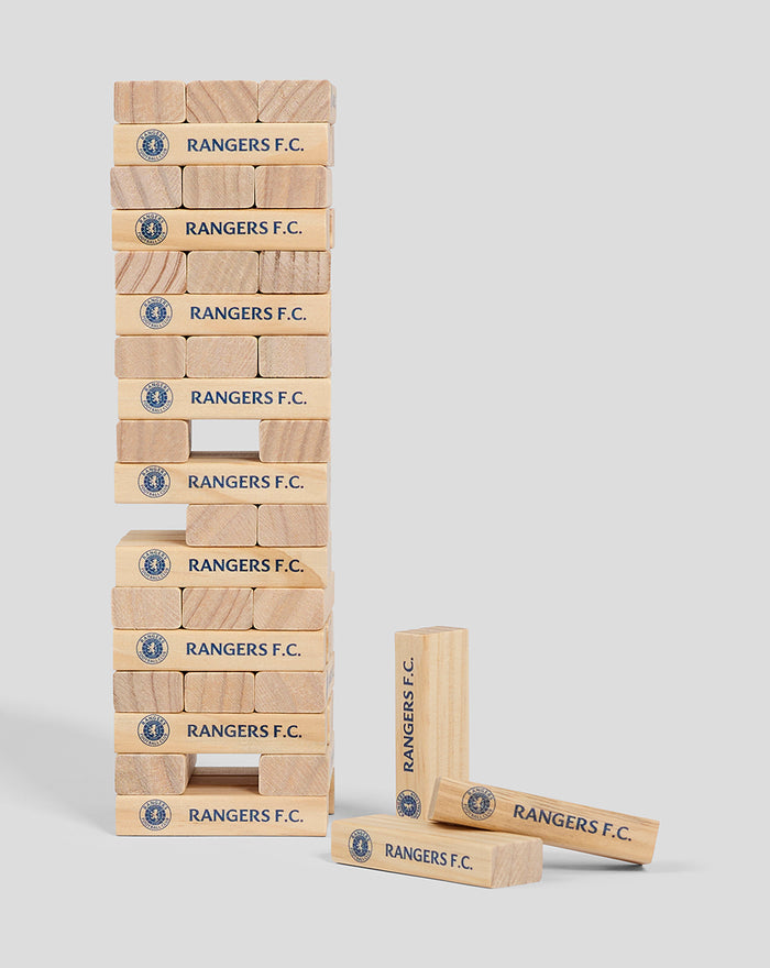 Tall stack of natural wood blocks stamped Rangers F.C., with a few blocks lying nearby.