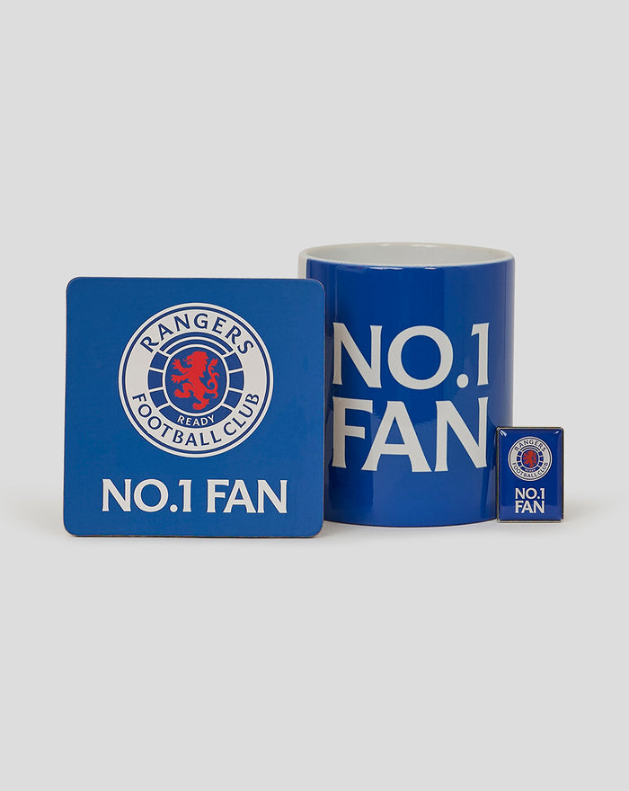 Rangers No 1 Fan mug gift set with a blue mug, coaster and small pin badge