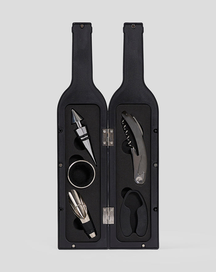 Bottle shaped bottle opener set displayed in a black two piece case with corkscrew and pourer accessories
