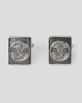 Silver square cufflinks with embossed circular crest on each face