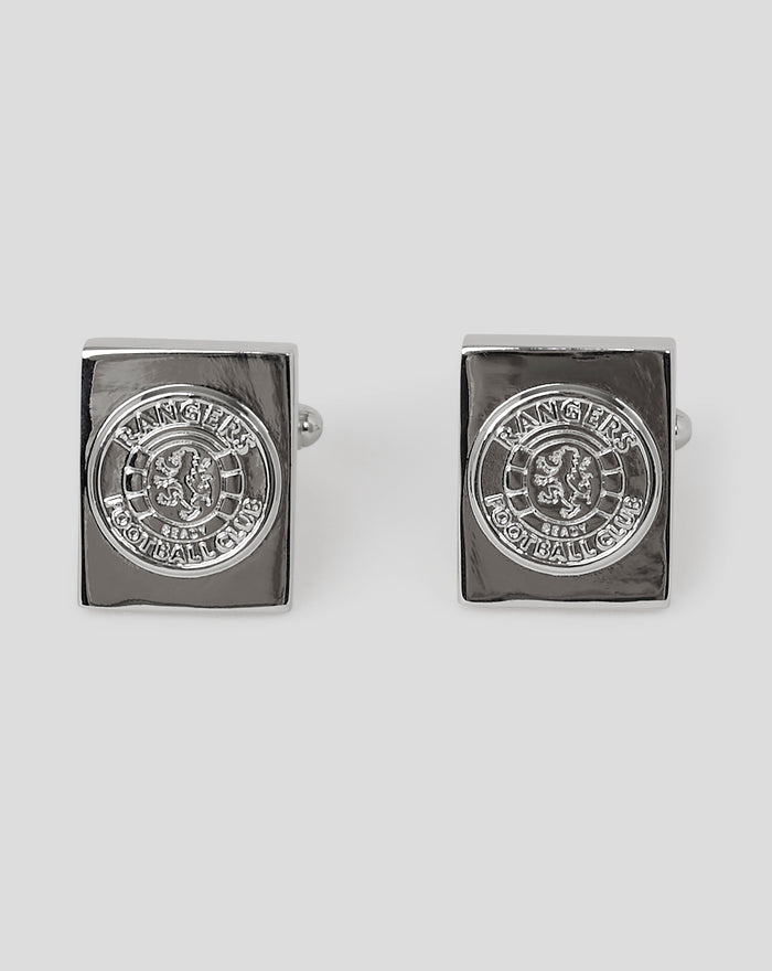 Silver square cufflinks with embossed circular crest on each face