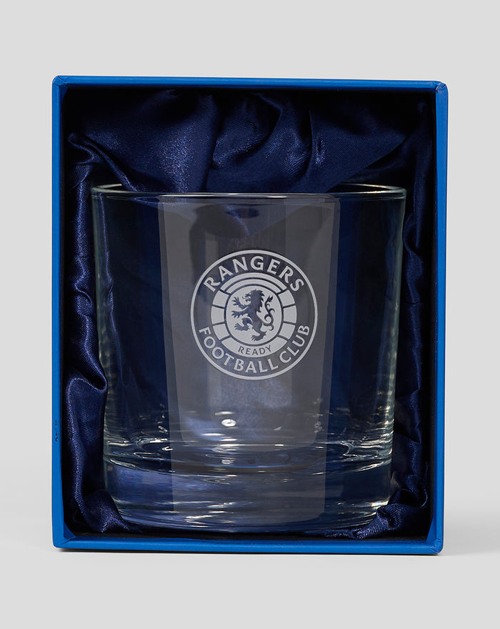 Clear tumbler with Rangers Football Club crest in a blue satin lined gift box.