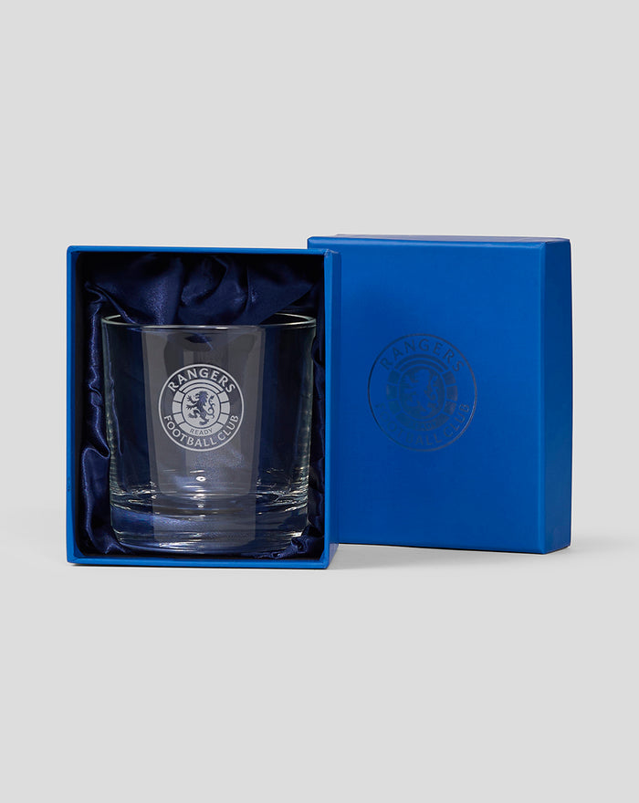Clear glass tumbler with Rangers Football Club crest inside a blue two-piece gift box with satin lining.