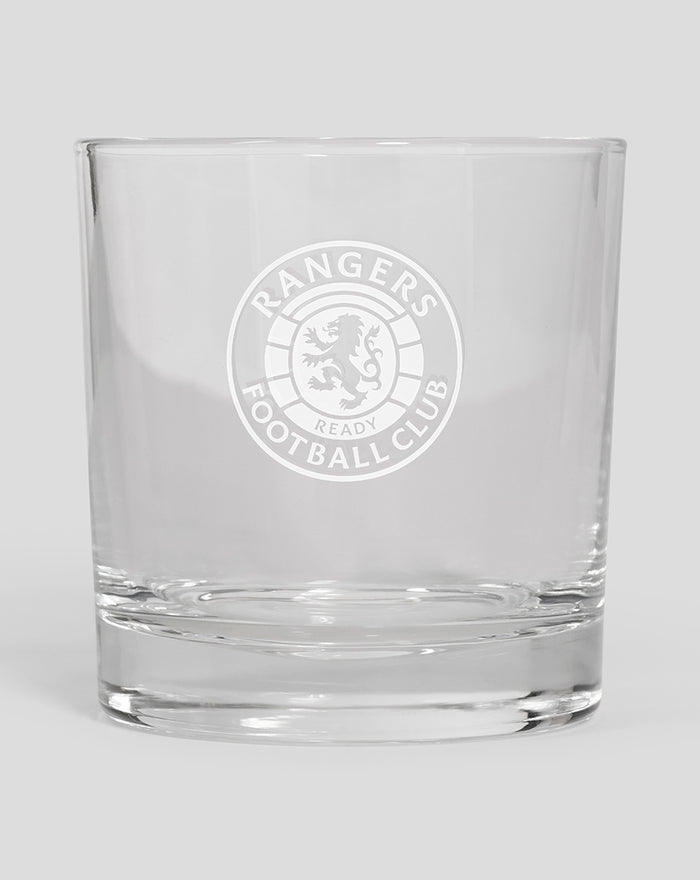 Clear glass tumbler with white Rangers crest.