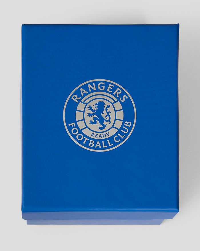 Blue gift box lid features silver Rangers Football Club crest.