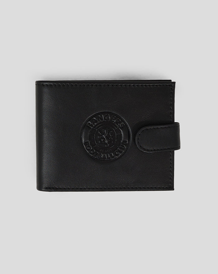 Black leather Rangers debossed crest bi fold wallet with strap closure