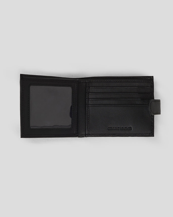 Open black leather Rangers wallet showing clear ID window and multiple card slots