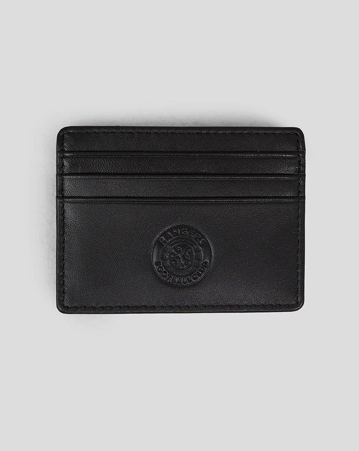 Black leather card wallet with multiple card slots and a circular embossed logo.