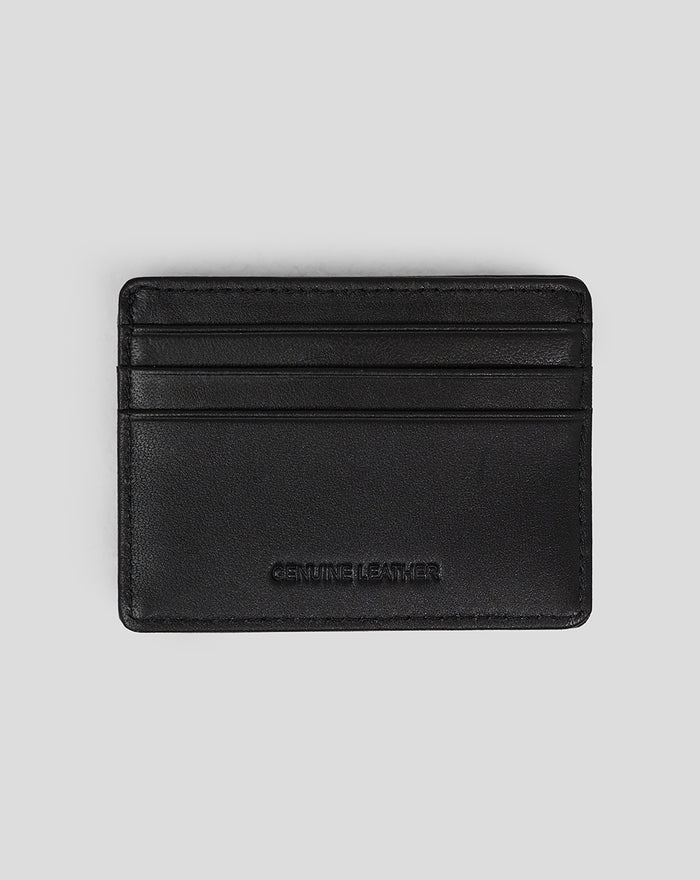 Black leather card wallet with three card slots and subtle embossed branding.