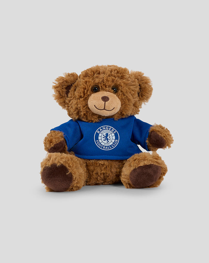 Plush bear wearing a blue Rangers Football Club jersey with a white crest.