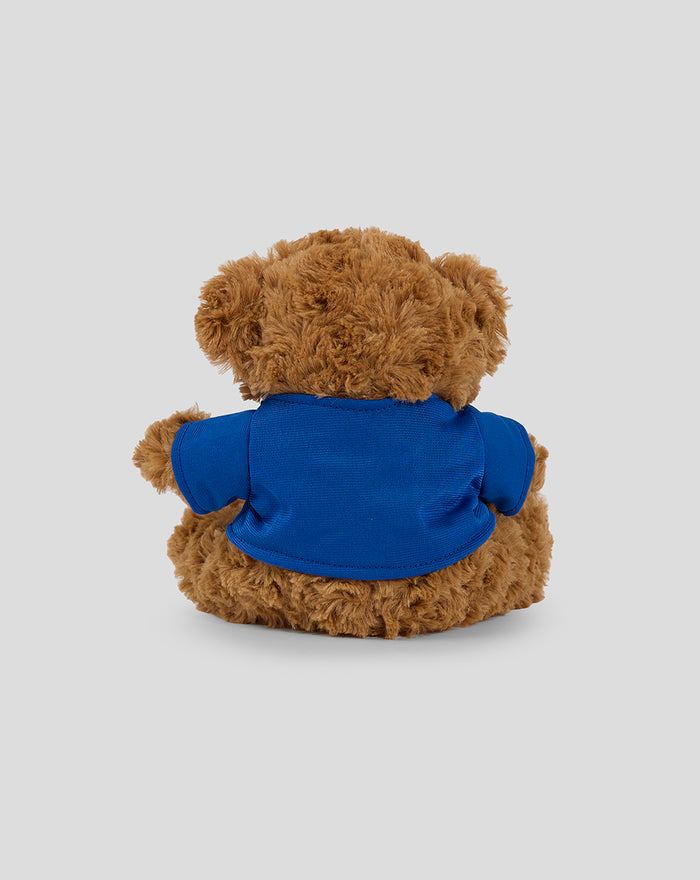 Plush bear seen from behind wearing a blue Rangers Football Club jersey.