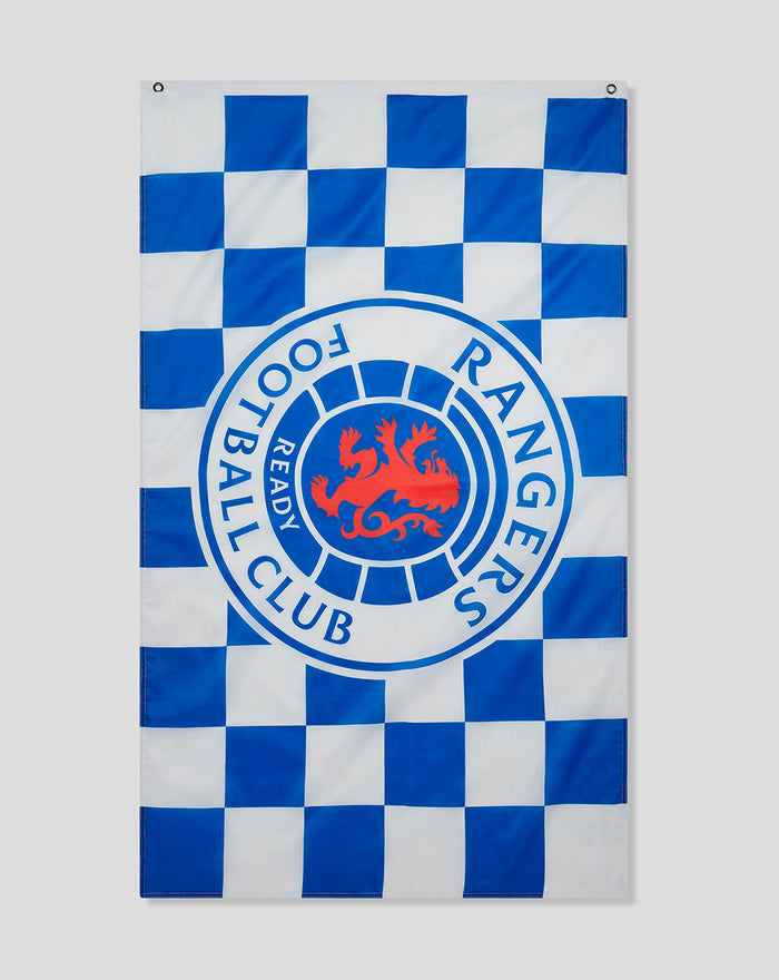 Blue and white checkered flag featuring a large Rangers crest in the center.