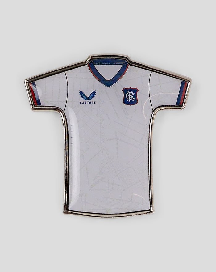 Metal pin badge shaped like a white Rangers away kit shirt with blue trim and crest.