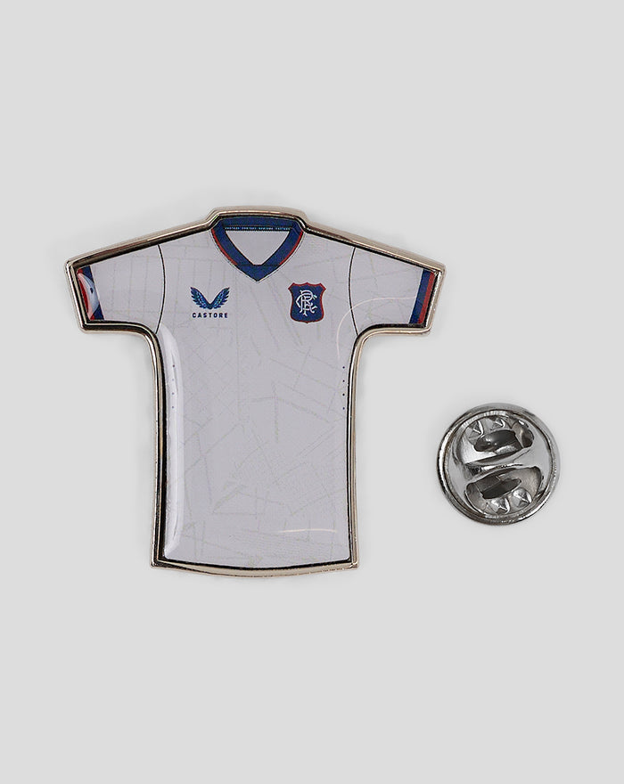 White away kit pin badge shaped like a jersey with blue trim and Rangers crest
