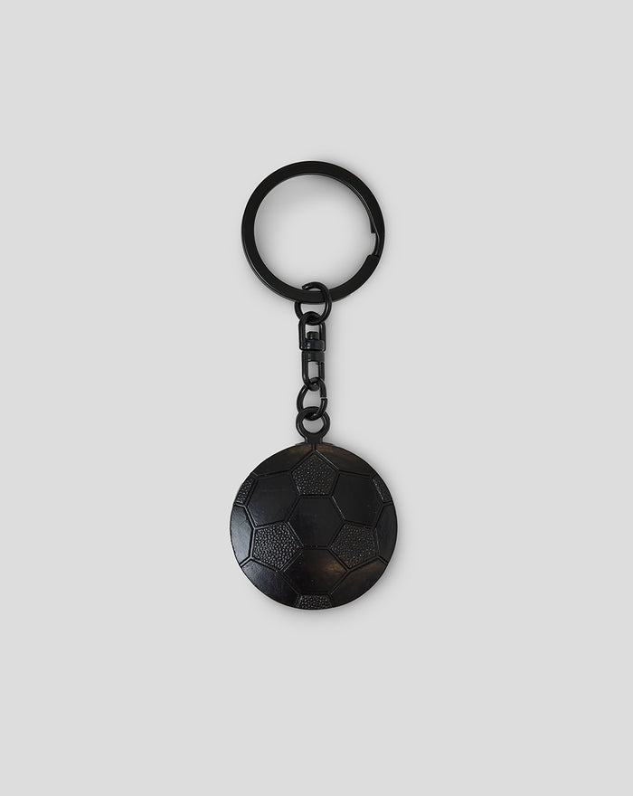 Black flat football keyring with a round pendant and metal chain