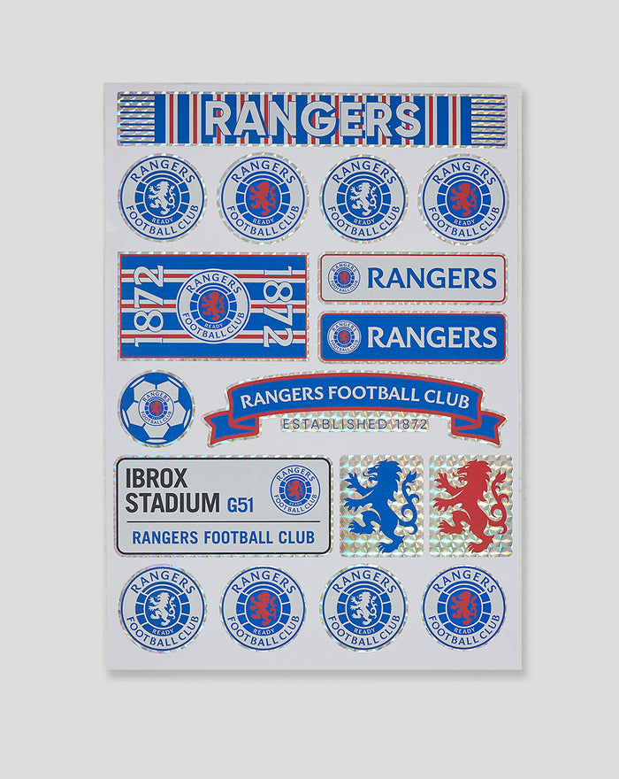 A4 sticker sheet featuring Rangers Football Club logos and emblems in blue and white