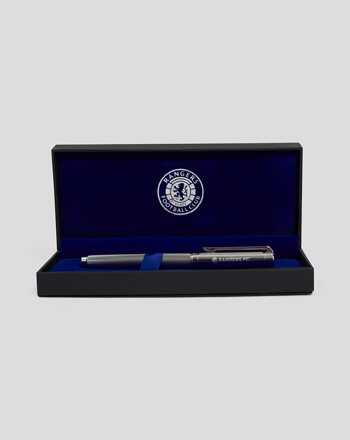 Silver rollerball pen in a black gift box with blue velvet interior and a Rangers FC crest.