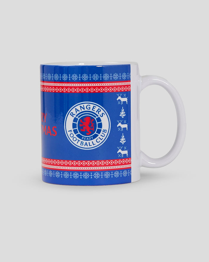 Blue Christmas mug featuring the Rangers Football Club crest and red and white decorative bands.