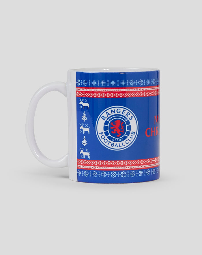 Side view of blue Rangers Christmas mug with crest and striped red decorative band.