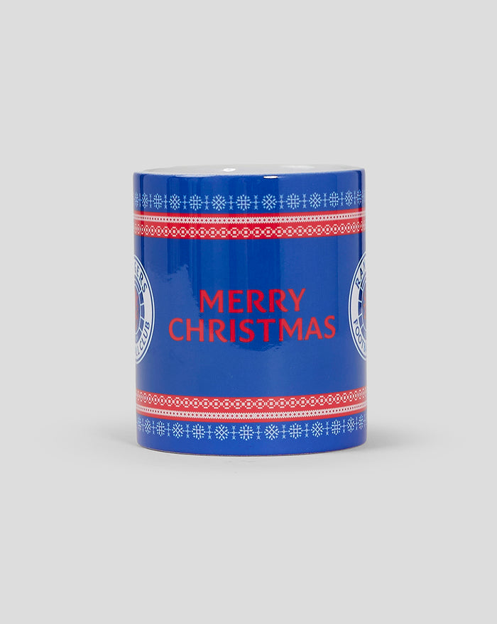 Front view of blue Rangers Christmas mug showing Merry Christmas in red with crest and white handle.