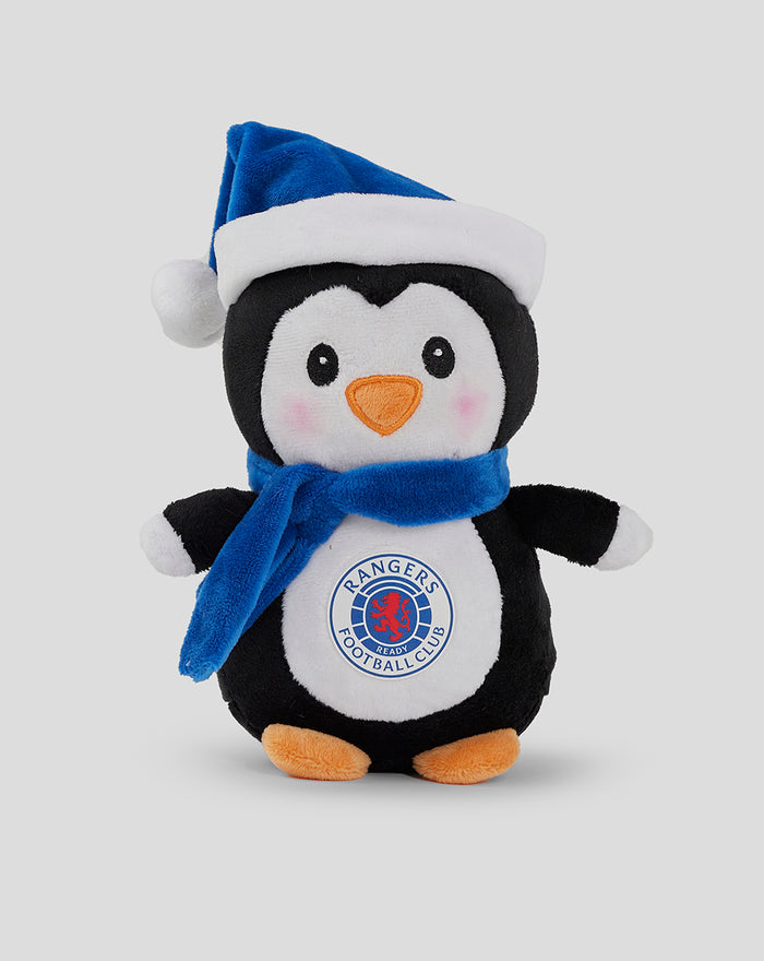 Penguin Christmas plush wearing a blue Santa hat and scarf with a Rangers FC badge on its belly.