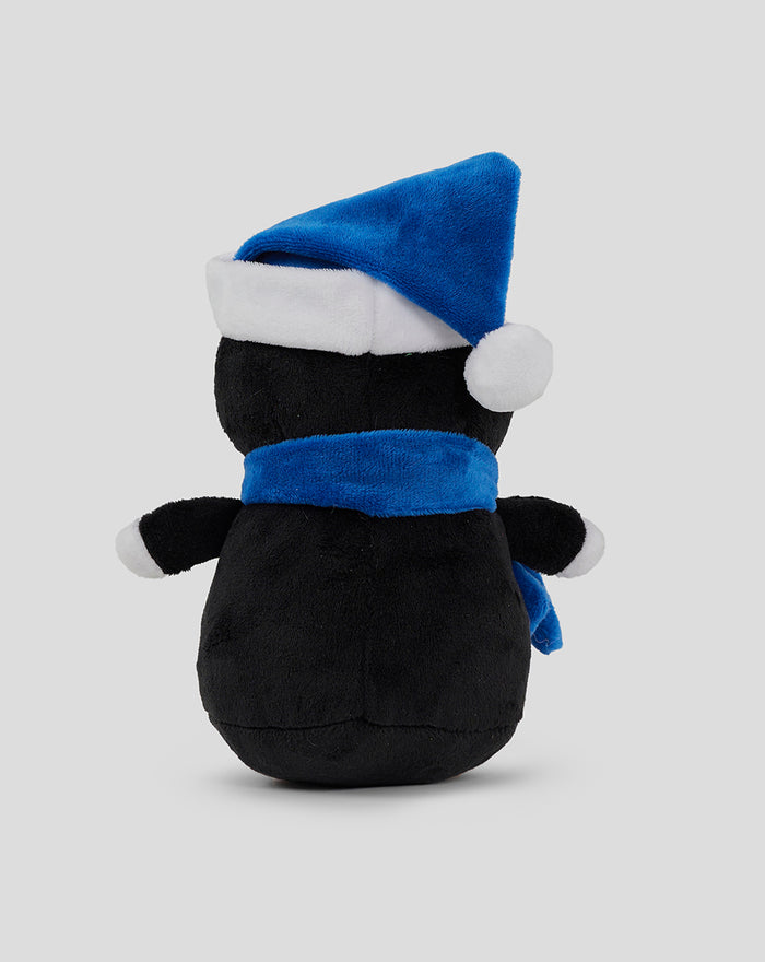 Back view of a black Christmas penguin plush with a blue hat with white trim and a blue scarf.