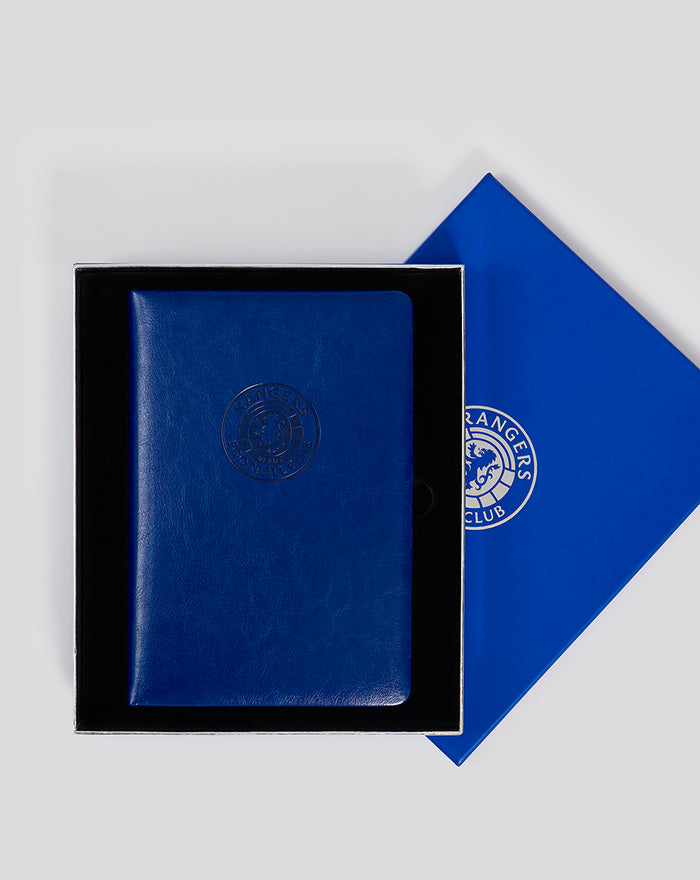 Blue faux leather A5 notebook with crest logo in a two piece presentation gift box