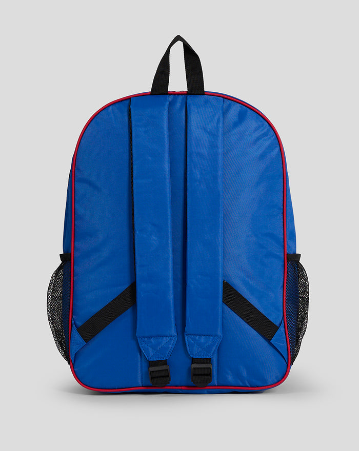 Rear view of blue Rangers backpack showing padded shoulder straps and top handle