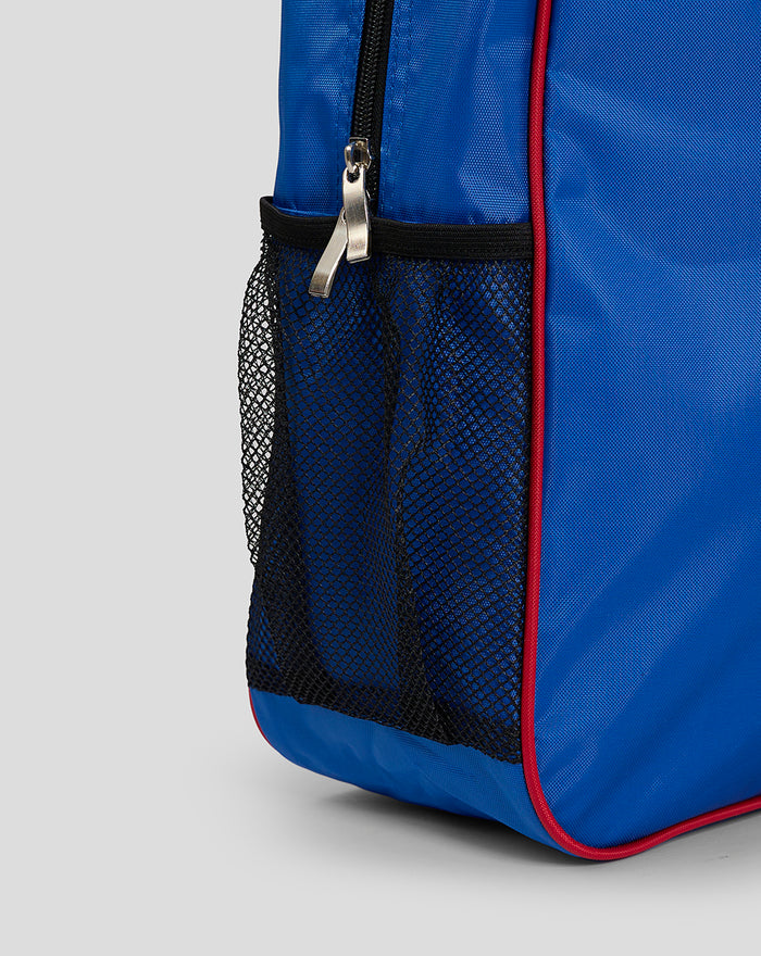 Close up of side mesh pocket and zipper on the blue Rangers backpack