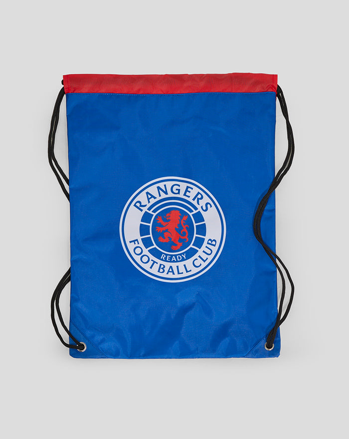 Blue Rangers gym sack with red top trim, black drawstrings, and central Rangers Football Club crest.