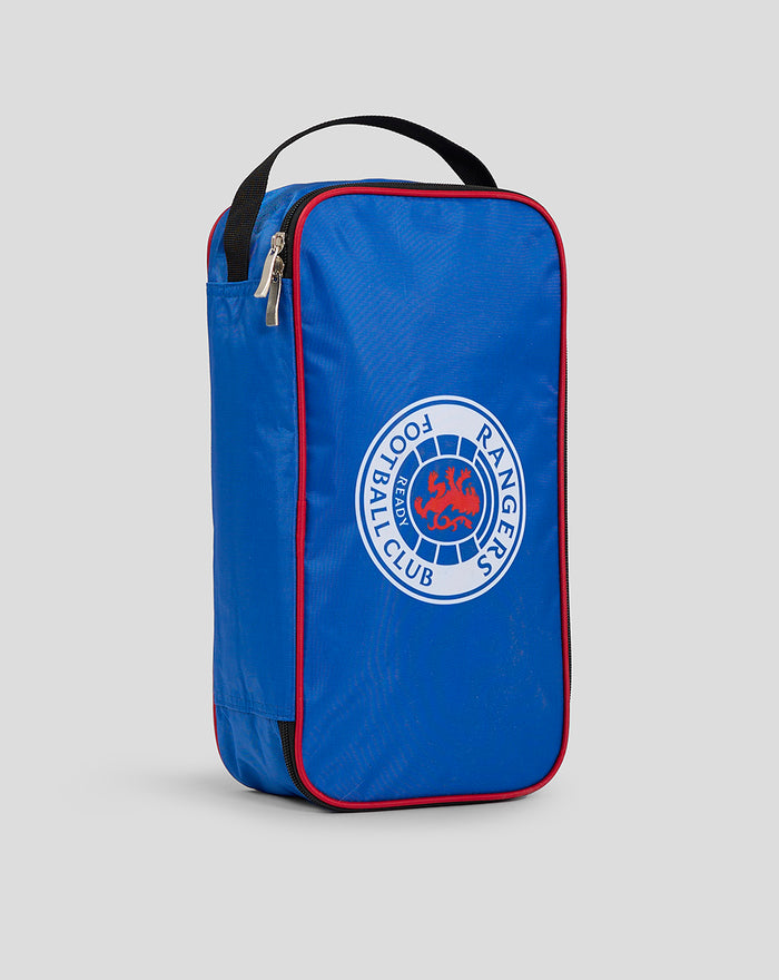 Blue Rangers bootbag standing upright with handle, red piping and logo on the front.