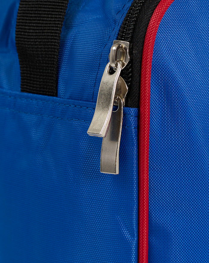 Close-up of metal zipper on blue Rangers bootbag with red trim.