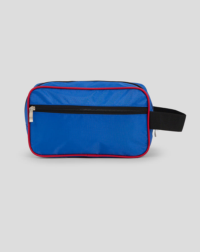 Blue Rangers washbag with red piping, black side strap, and zippered front pocket.