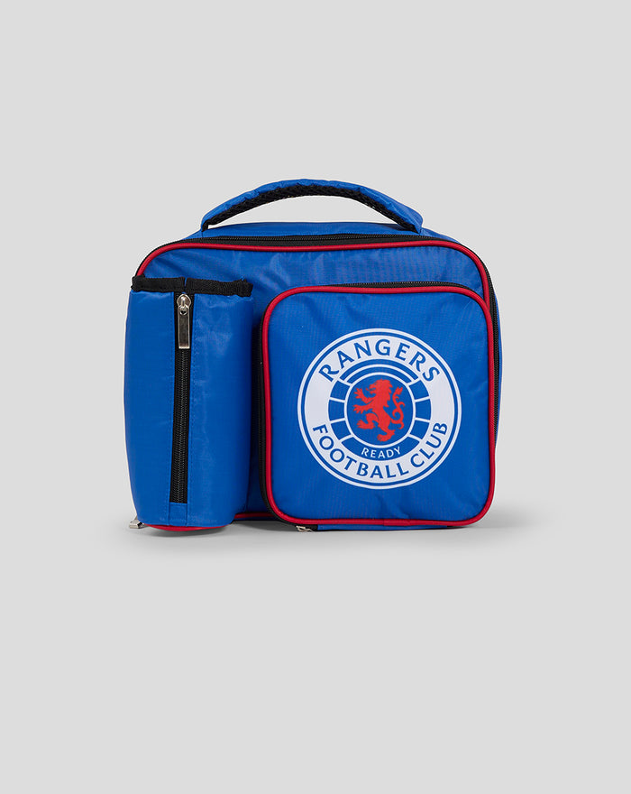 Blue Rangers lunch bag with red trim, side zip pocket and circular club logo on the front