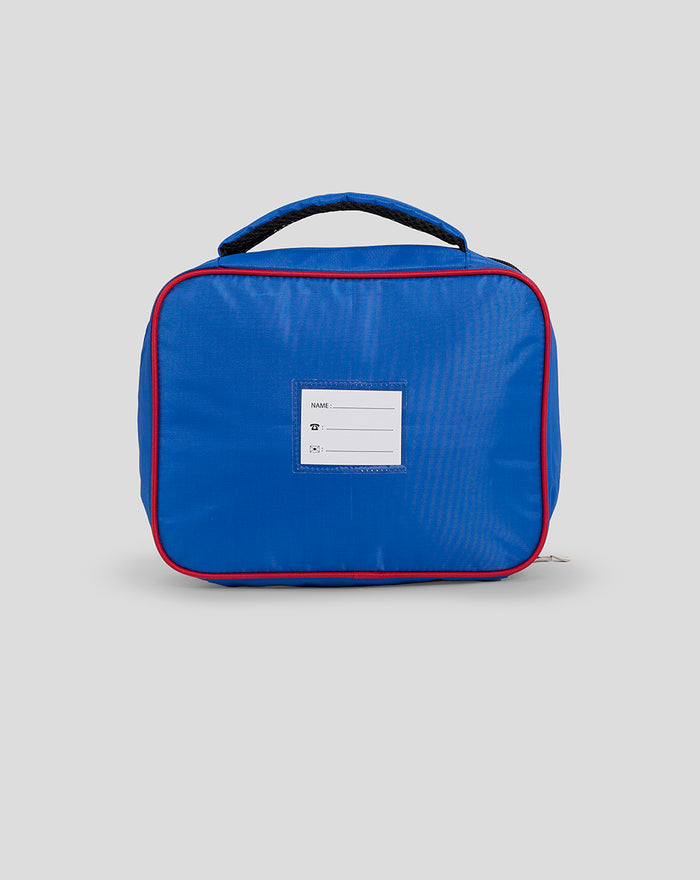 Rear view of blue Rangers lunch bag with a small white label patch on the back and red trim