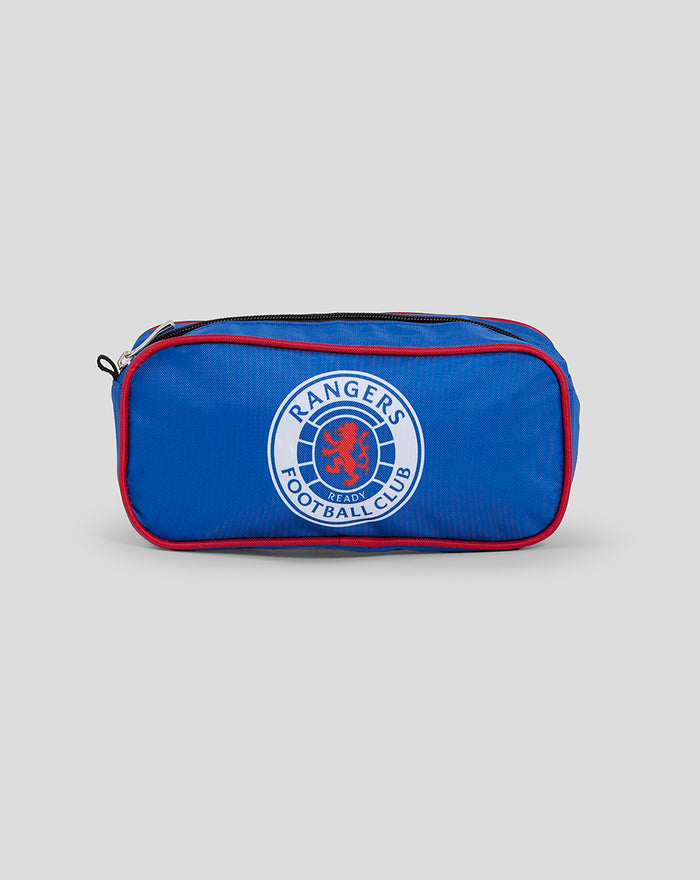 Blue Rangers pencil case with red piping and a large circular club logo on the front