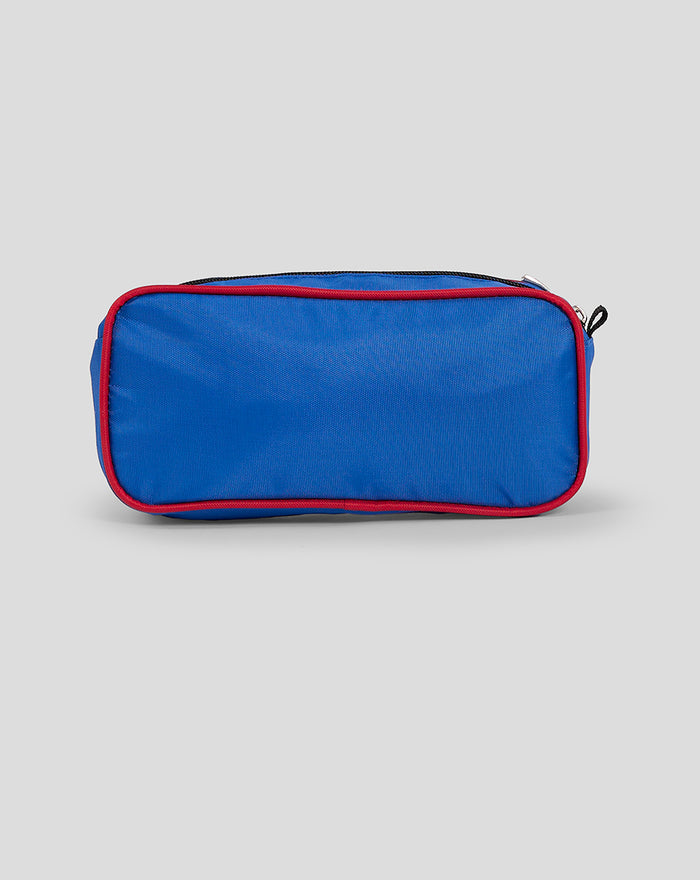 Rangers pencil case in bright blue with red trim and a black zipper
