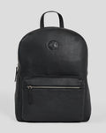 Rangers Premium Leather Backpack in black with rounded top, top handle and front zipper pocket badge