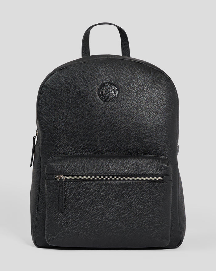Rangers Premium Leather Backpack in black with rounded top, top handle and front zipper pocket badge