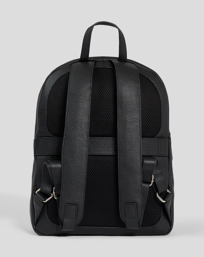 Rangers Premium Leather Backpack upper view with black textured leather, top handle and padded shoulder straps.