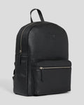 Close-up of Rangers Premium Leather Backpack in black pebbled leather with a top handle and visible metal zipper.