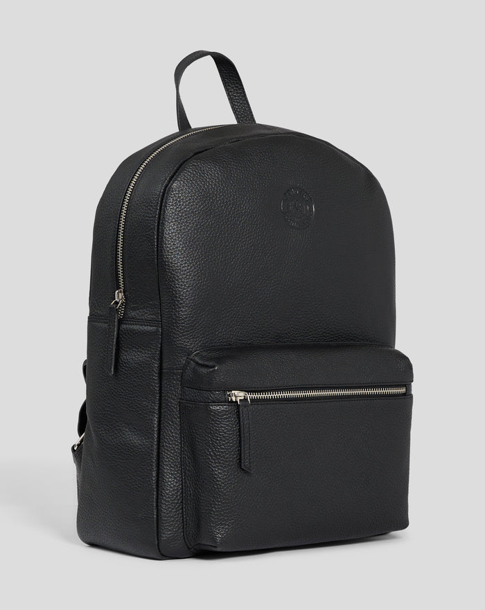 Close-up of Rangers Premium Leather Backpack in black pebbled leather with a top handle and visible metal zipper.