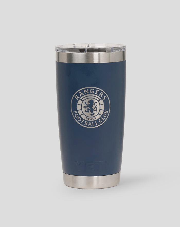 YETI 20oz tumbler in navy blue with a silver rim and Rangers Football Club crest