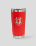 Corp red YETI 20oz tumbler with stainless steel rim and lid beside
