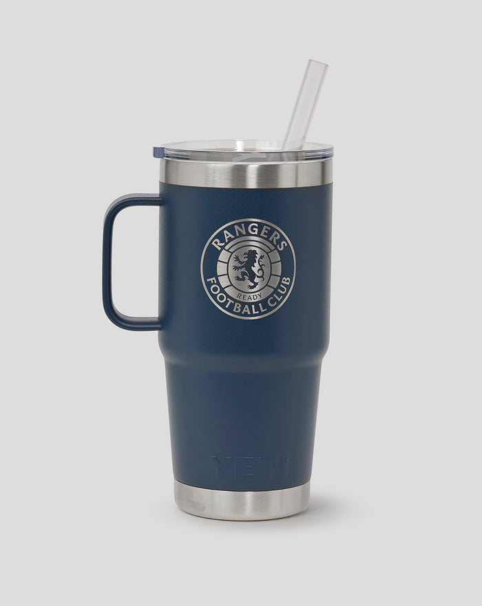 Navy YETI 25oz straw mug with a clear lid and wide straw, front view displaying the Rangers Football Club logo.