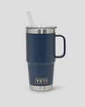 Side view of navy YETI 25oz mug with a handle, clear lid, and metal rim; logo visible near the base.